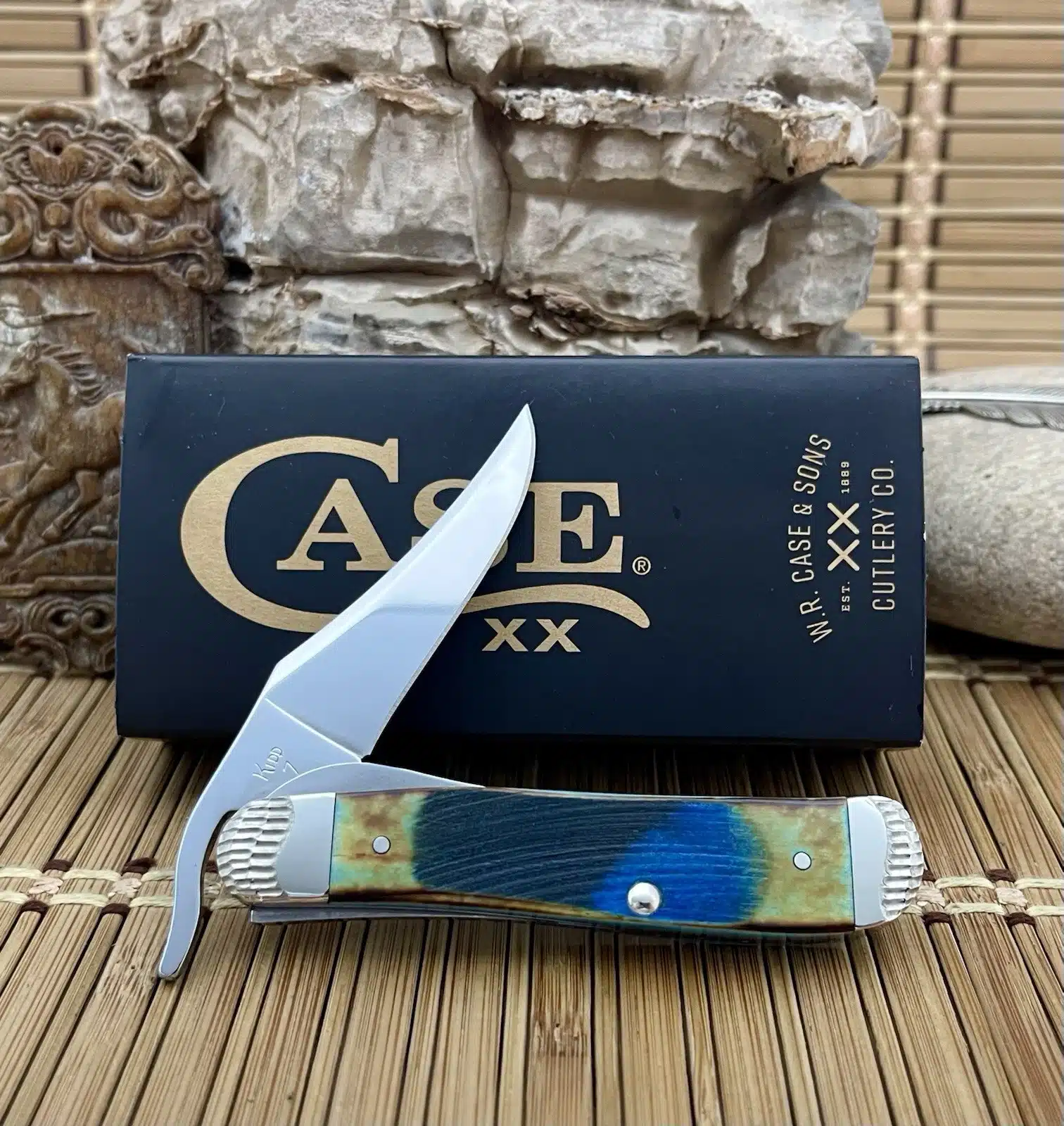 Case XX Custom Hand Fired Sawcut Caribbean Blue Bone Russlock Knife #07 - Image 4
