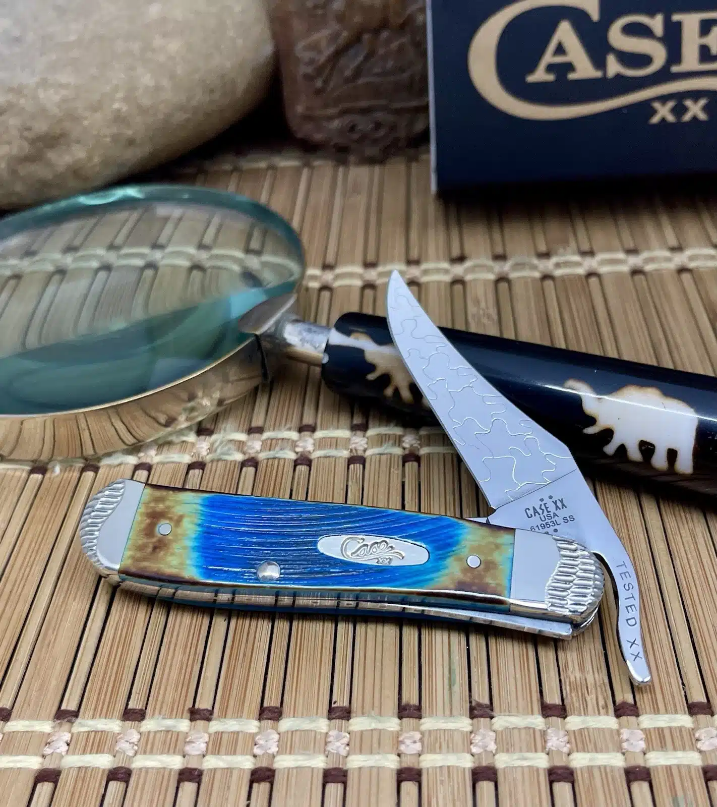 Case XX Custom Hand Fired Sawcut Caribbean Blue Bone Russlock Knife #09 - Image 4