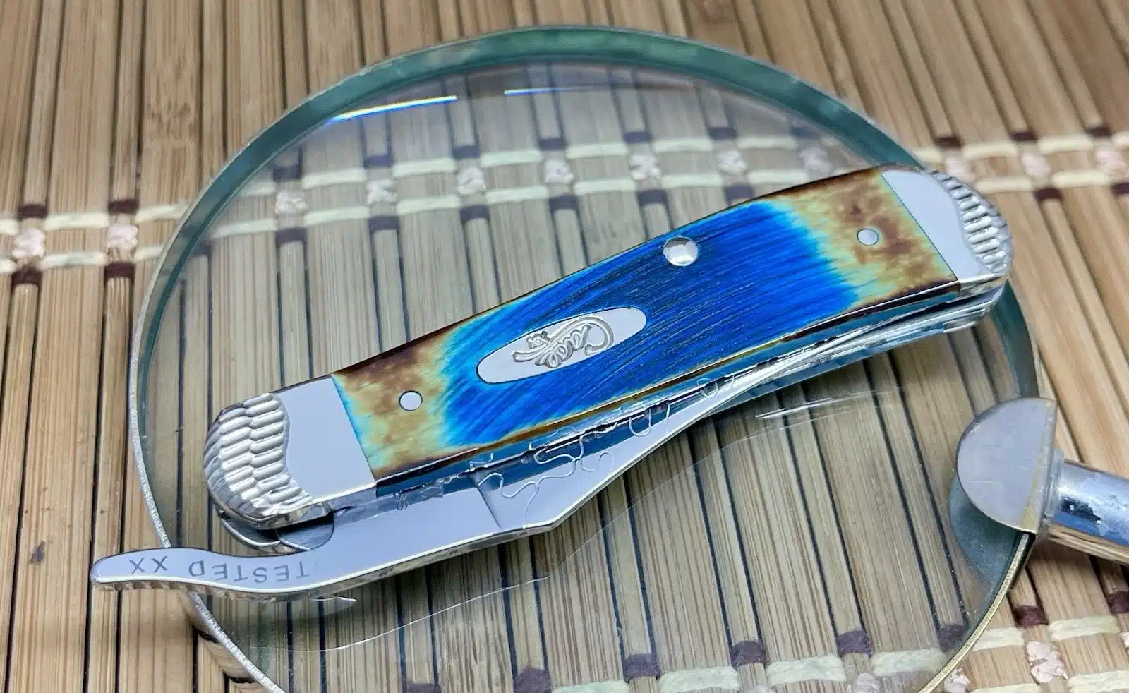 Case XX Custom Hand Fired Sawcut Caribbean Blue Bone Russlock Knife #09 - Image 3