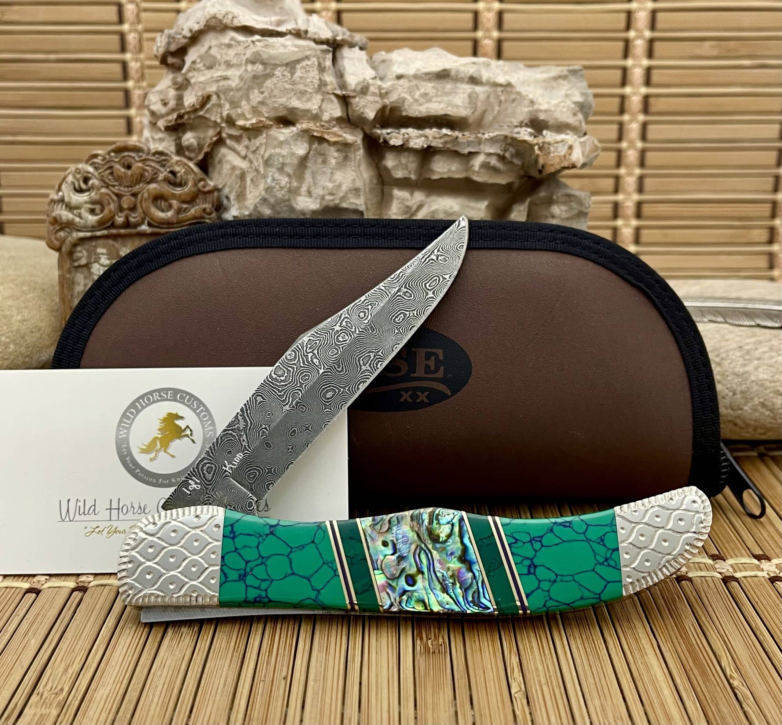 Case XX Wild Horse Custom Abalone, Imperial Jade & Malachite Damascus Folding Hunter Pocket Knife #1 of 1 - Image 4