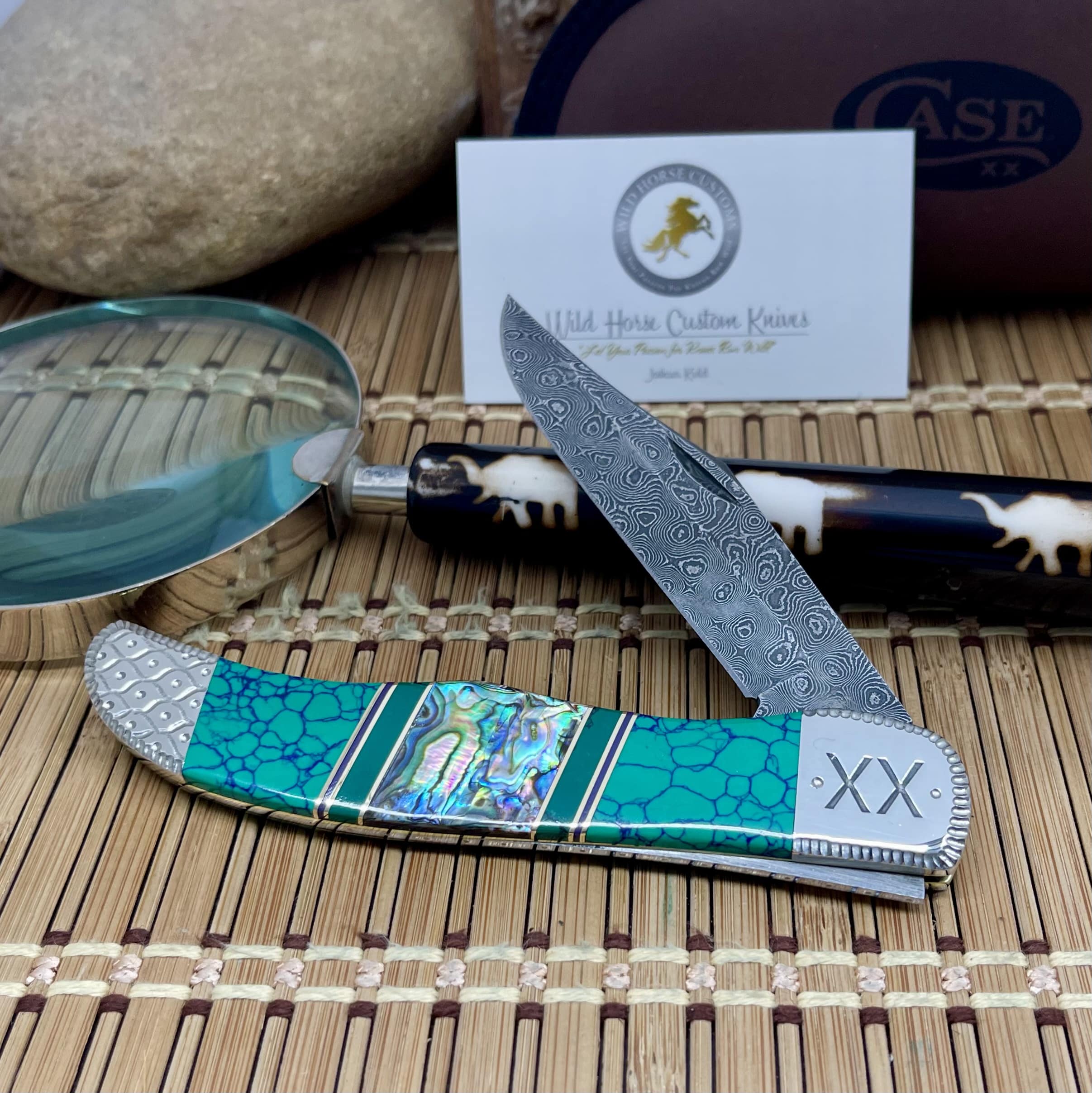 Case XX Wild Horse Custom Abalone, Imperial Jade & Malachite Damascus Folding Hunter Pocket Knife #1 of 1 - Image 2