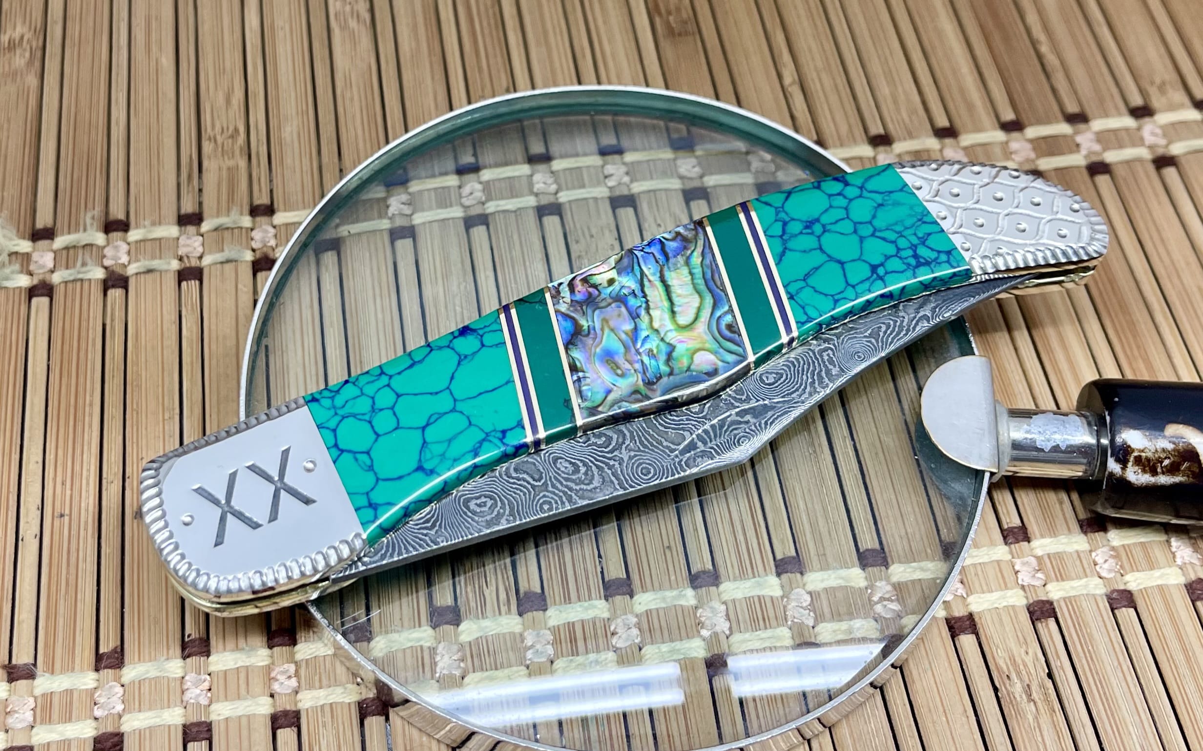 Case XX Wild Horse Custom Abalone, Imperial Jade & Malachite Damascus Folding Hunter Pocket Knife #1 of 1 - Image 3