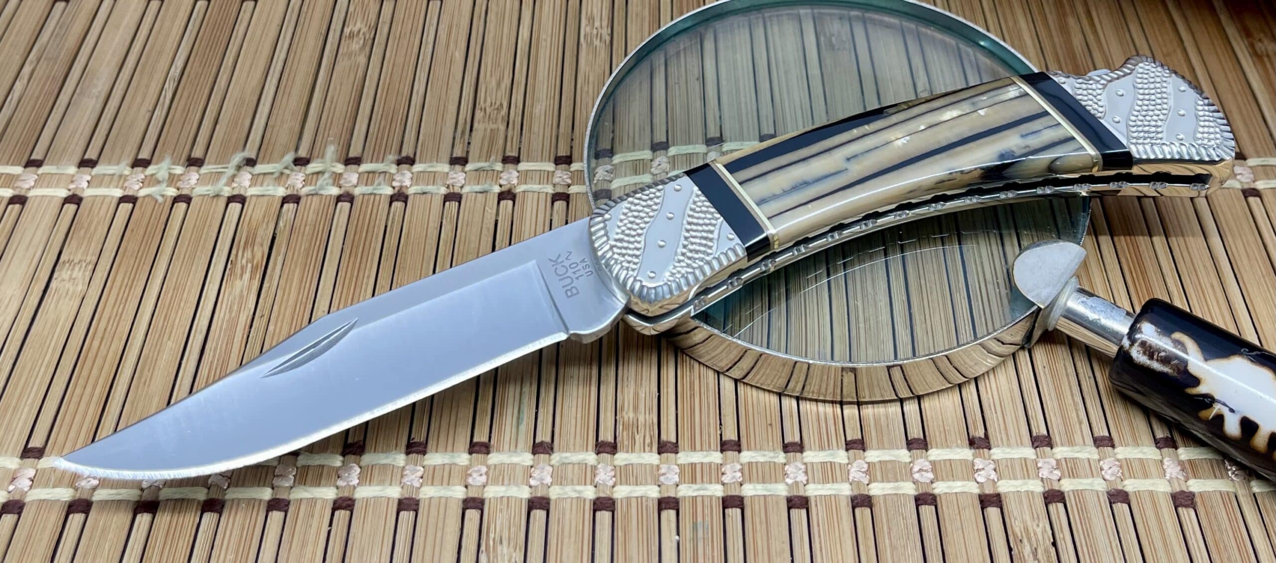 Buck 110 Wild Horse Custom Mammoth Fossil & Black Onyx Folding Hunter Pocket Knife #02 of 25 - Image 2