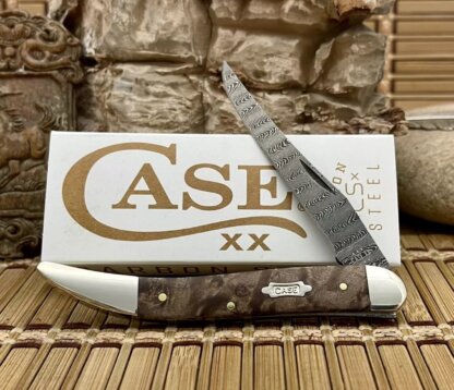 Case XX USA 2024 Natural Maple Burl 15093 Ladder Damascus Medium Toothpick Knife