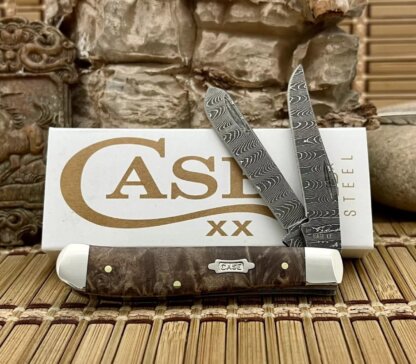 Case XX USA 2024 Natural Maple Burl 15091 Ladder Damascus Mini Trapper Knife