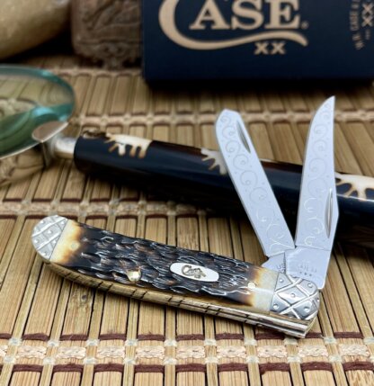 Case XX Amazing Custom Hand-Fired Peachseed AMBER Bone Mini Trapper Knife #45 - Image 2