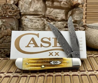 Case XX USA 2023 Burnt Goldenrod Bone Raindrop Damascus Mini Trapper Pocket Knife