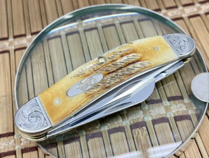 Case XX USA Custom 6.5 Bone Stag Scrolled Sowbelly Knife - Image 2