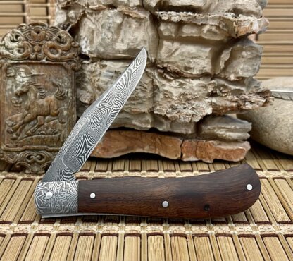 Patrik Francescato Desert Ironwood Mosaic Damascus Slip Joint Trapper Knife - Image 2