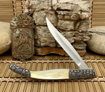 Jay Harris USA Gold Lip Pearl Titanium Hummingbird Engraved Linerlock Bowie Knife - Image 3