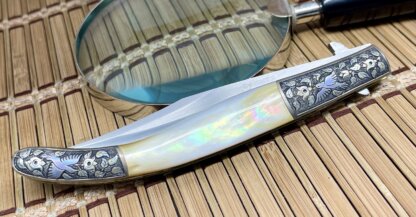 Jay Harris USA Gold Lip Pearl Titanium Hummingbird Engraved Linerlock Bowie Knife